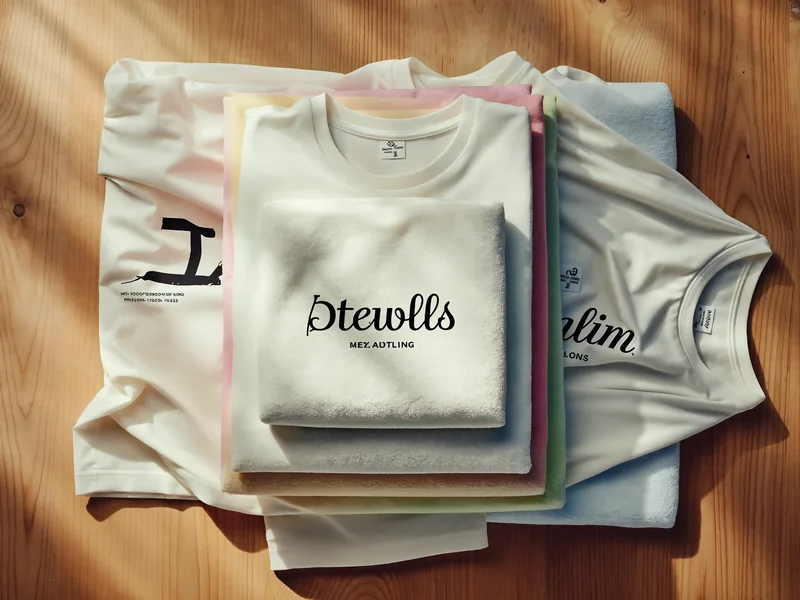 Gefaltete Handtücher und T-Shirts auf hellem Holztisch, Draufsicht, Illustration